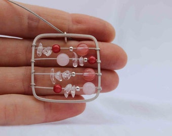 Abacus Necklace made in Sterling silver, Stones in shades of pink color, Mathematics, Teacher, Square pendant,  Pink gemstone