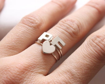 Set of 3 Initial Rings, Personalized Initial Rings, Pebble Ring, Sterling Ring, Rings, Family Ring, Letter Ring, Simple