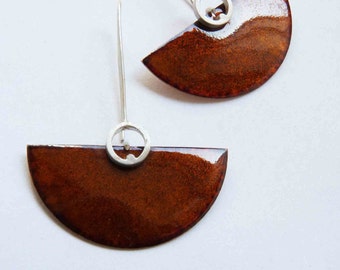 Enameled Earrings, Sterling silver  and Copper, Habano, Brown, Caramel, Semicircle design, dangle, Large earrings