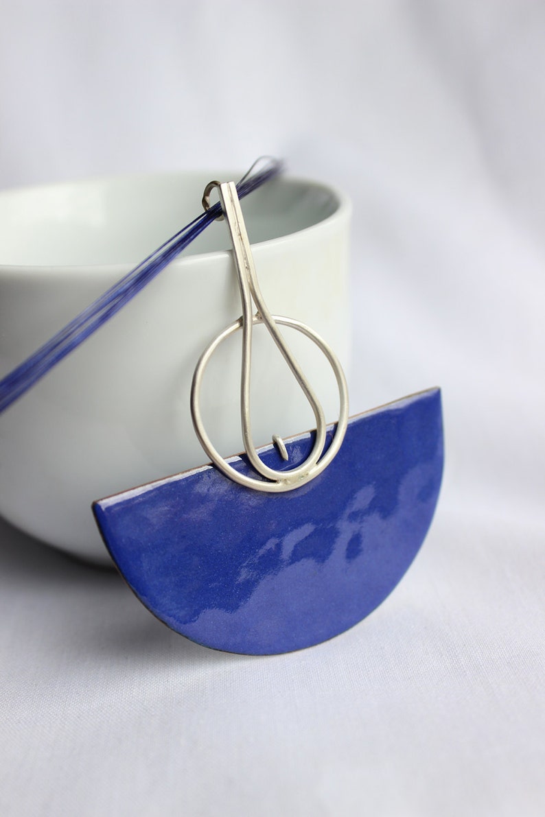 Blue Enamel Necklace, Sterling silver and copper, Statement Necklace, Deco Necklace image 5