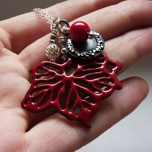 Leaf pendant, sterling silver, Copper and red enamel, autumn necklace, bouquet, black patina image 4