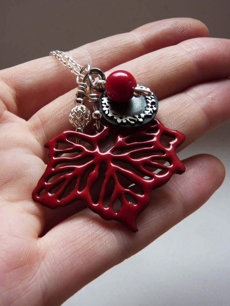 Leaf pendant, sterling silver, Copper and red enamel, autumn necklace, bouquet, black patina image 4