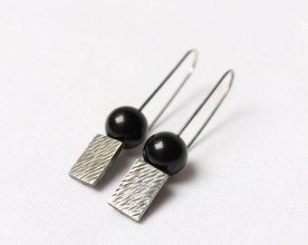 Black Onyx earrigns, Sterling silver, earrings with black patina, texture, geometric, rectangular, dangle, medium
