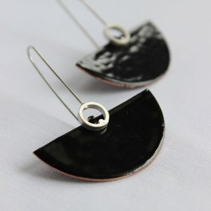 Deco earrings Sterling silver and copper with black enamel, dangle earrings in black color, semicircular shape, cocktail earrings image 1