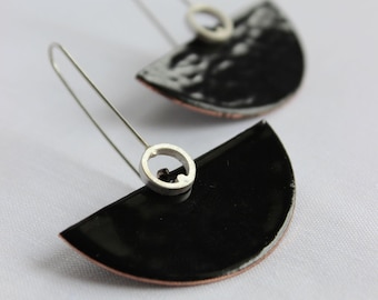 Deco earrings Sterling silver and copper with black enamel, dangle earrings in black color, semicircular shape, cocktail earrings