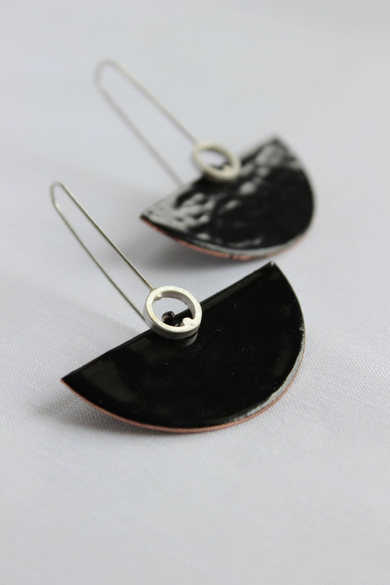 Deco earrings Sterling silver and copper with black enamel, dangle earrings in black color, semicircular shape, cocktail earrings image 1