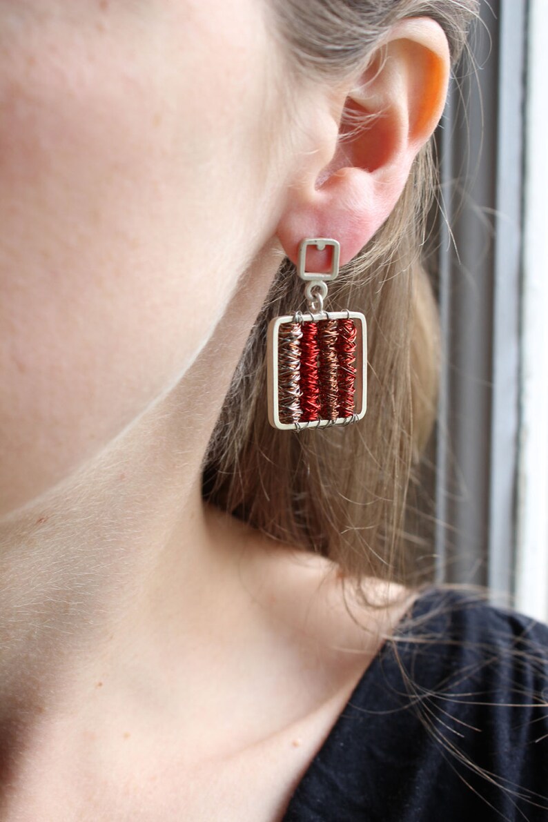 Square red Dangle earrings made of Sterling silver and copper tangle wire, Super lightweight, Wire wrapping Tangle earrings image 2