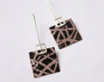 Enamel Drawnwork earrings III, Biscuit and brown enamels, Sterling silver and copper, square earrings