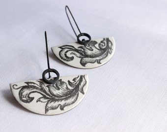 Ornamental Enamel earrings made of Sterling silver and copper with white enamel, Painting, Underglaze pencils
