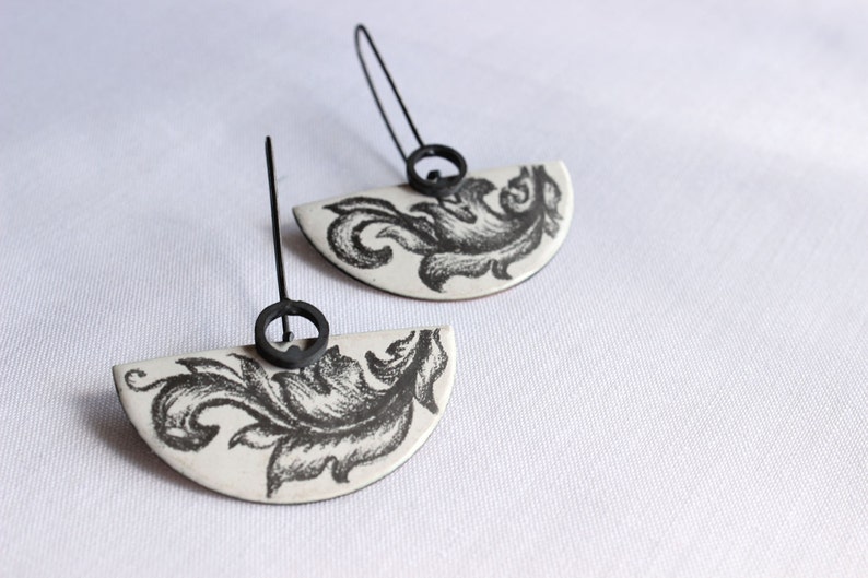 Ornamental Enamel earrings made of Sterling silver and copper with white enamel, Painting, Underglaze pencils image 1