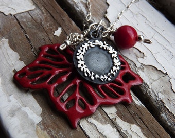 Leaf  pendant, sterling silver, Copper and red enamel, autumn necklace, bouquet, black patina