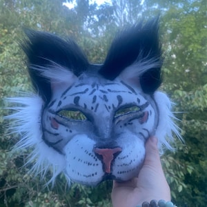 Therian sneeuwtijger katachtig kattenmasker quadrobics uitrusting harig fursuit hoofd wit