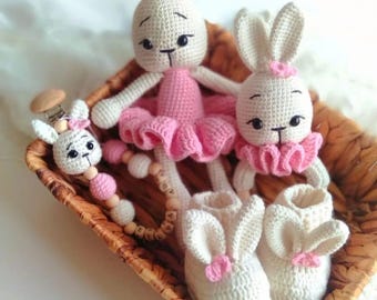 Personalized Crochet Baby Gift Box, Bunny Rattle, Pacifier Holder