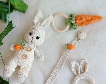 Personalized Crochet Baby Gift Box, Bunny Rattle, Pacifier Holder
