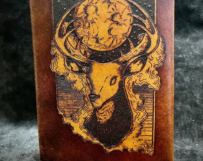 Leather deer passport wallet - animal forest themed dark ominous buck under a moonlit cloudy night sky