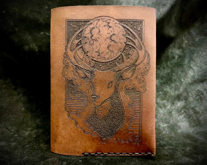 Leather passport cover Deer forest themed dark ominous buck under a moonlit cloudy night sky