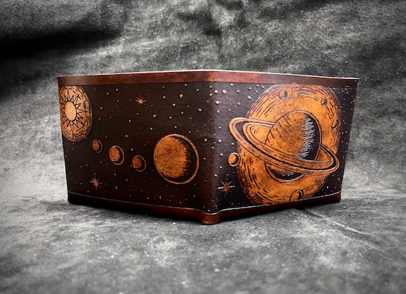 Handmade Leather Saturn Wallet: Celestial Space Theme