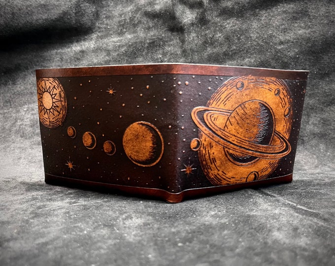 Leather space wallet, saturn planet wallet, handmade celestial minimalist wallet