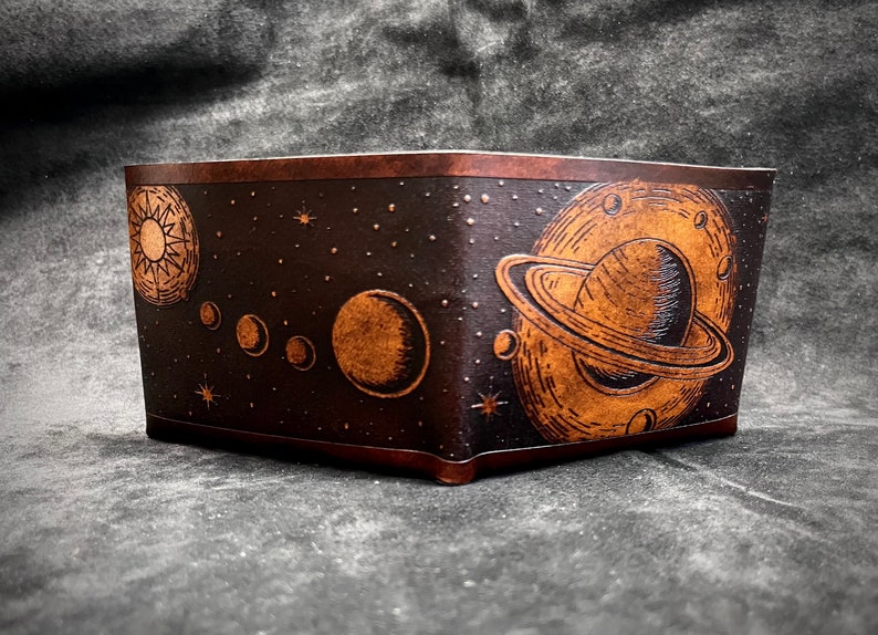 Leather space wallet, saturn planet wallet, handmade celestial minimalist wallet image 1