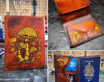 Foraging mushroom leather passport cover - Amanita Muscaria fungi themed wallet - leather wallet with Fly agaric mushroom Mushroom leather