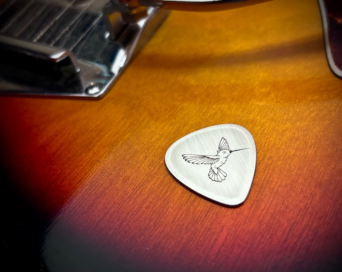 Hummingbird silver guitar pick made of 925 sterling silver with a humming bird illustration engraved into it