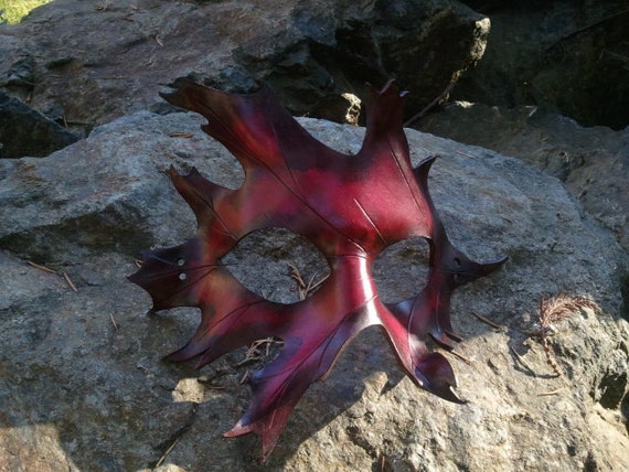 Handmade Leather Mask: Red Oak Leaf Costume Art