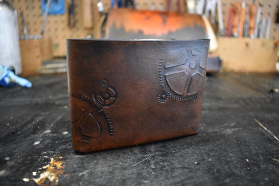 Geared steampunk leather wallet hand made wallet stamped with clock gears