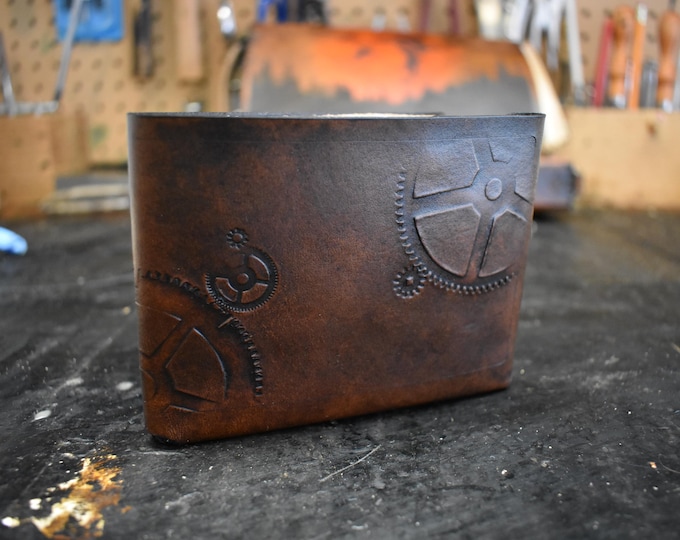 Geared steampunk leather wallet hand made wallet stamped with clock gears
