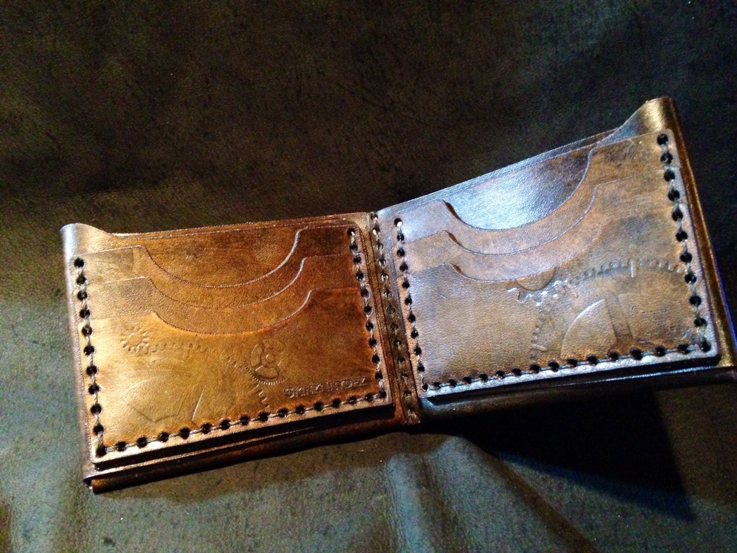 Geared steampunk leather wallet hand made wallet stamped