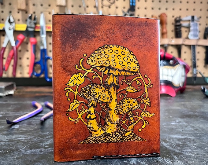 Foraging mushroom leather passport cover - Amanita Muscaria fungi themed wallet - leather wallet with Fly agaric mushroom Mushroom leather
