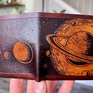 Leather space wallet, saturn planet wallet, handmade celestial minimalist wallet image 6