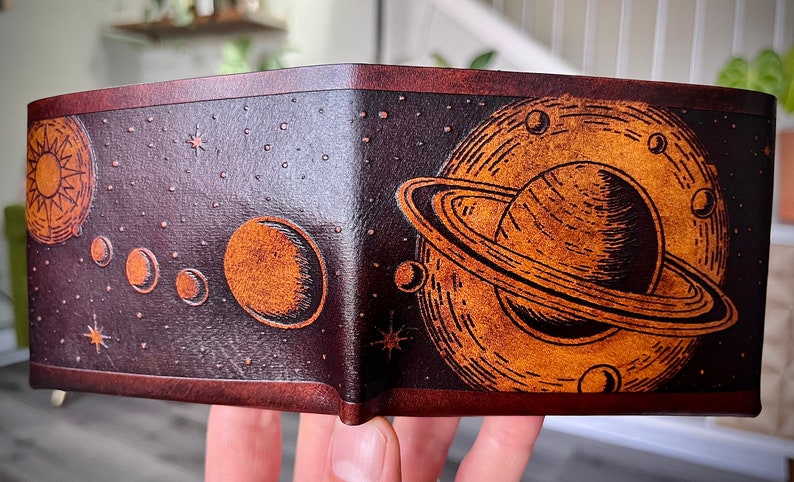 Leather space wallet, saturn planet wallet, handmade celestial minimalist wallet image 6