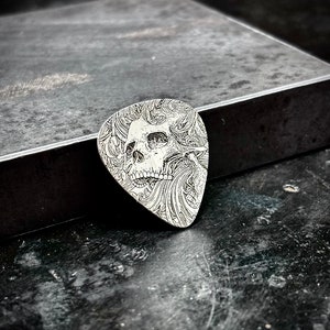May include: A silver guitar pick with an intricate design of a skull and swirling patterns.