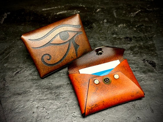 Handmade Leather Card Wallet: Egyptian Eye of Ra Design