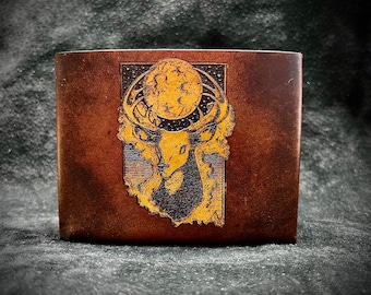 Leather deer wallet - animal forest themed dark ominous buck under a moonlit cloudy night sky