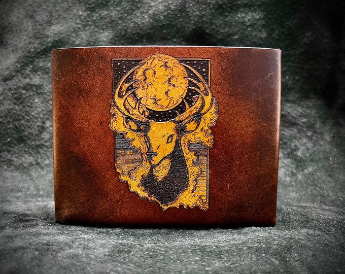 Leather deer wallet - animal forest themed dark ominous buck under a moonlit cloudy night sky