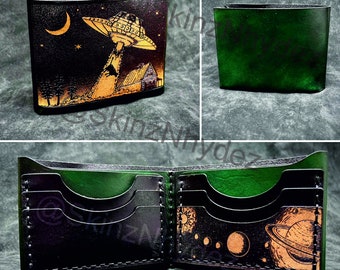 UFO alien abduction leather wallet - Extraterrestrial cow abduction unidentified flying object, card version