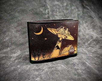 UFO alien abduction leather wallet - Extraterrestrial cow abduction unidentified flying object, card version