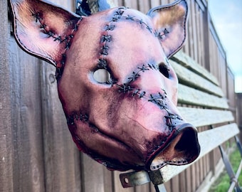 Creepy Leather Pig Mask: Horror Costume, Handmade Cowhide