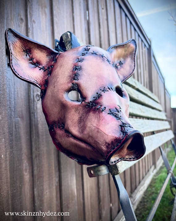 Creepy Leather Pig Mask: Horror Costume, Handmade Cowhide