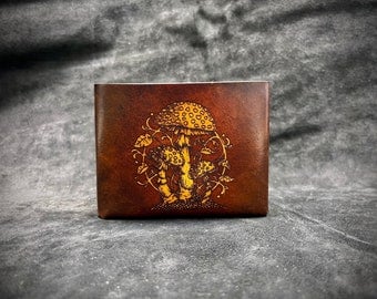 Handmade leather mushroom wallet - Amanita Muscaria fungi themed wallet - leather wallet with Fly agaric mushroom Mushroom leather