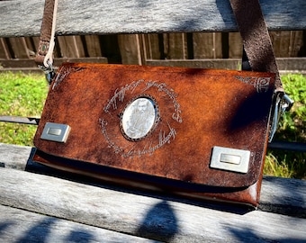 LOTR Crossbody Bag Genuine Leather Purse adorned with Engraved Sterling Silver Gandalf the White Wizard from lord of the rings