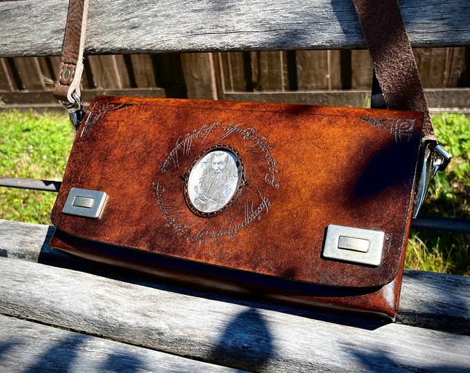 LOTR Crossbody Bag Genuine Leather Purse adorned with Engraved Sterling Silver Gandalf the White Wizard from lord of the rings