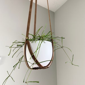 May include: A white ceramic hanging planter with a green plant, suspended from a brown leather strap.