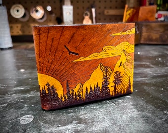 Forest mountain sunrise leather wallet