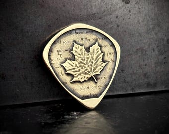 Canadian maple leaf guitar pick solid brass with O Canada lyrics