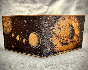 Minimalist Leather space wallet, saturn planet wallet, handmade celestial minimalist wallet