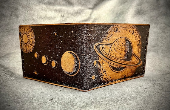 Minimalist Leather space wallet, saturn planet wallet, handmade celestial minimalist wallet