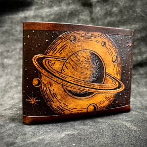 Leather space wallet, saturn planet wallet, handmade celestial minimalist wallet image 2