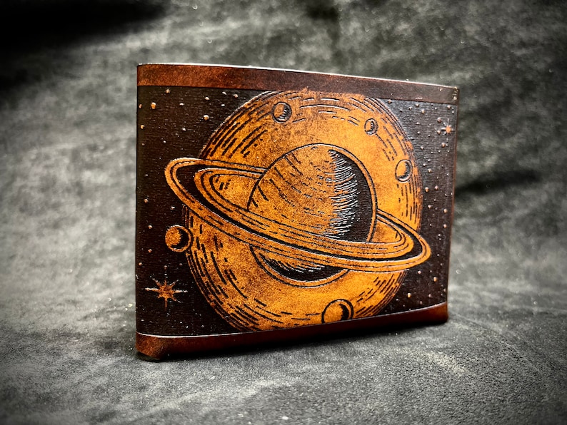 Leather space wallet, saturn planet wallet, handmade celestial minimalist wallet image 2